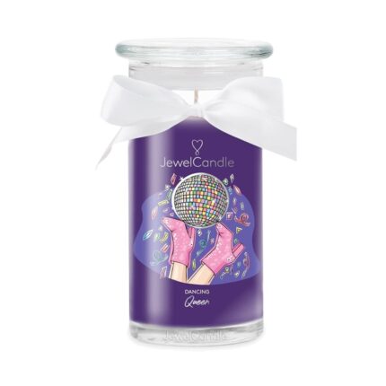 Dancing Queen Kerze im Glas mit weißer Schleife und Disco-Kugel-Motiv