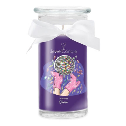Dancing Queen Kerze im Glas mit weißer Schleife und violettem Etikett