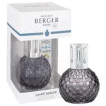 Graue runde Lampe Berger mit strukturierter Oberfläche und silberner Krone