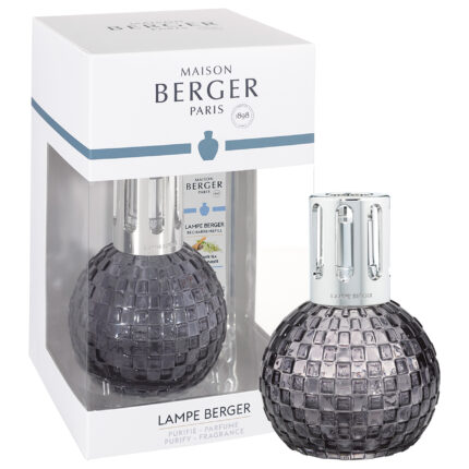 Graue runde Lampe Berger mit strukturierter Oberfläche und silberner Krone