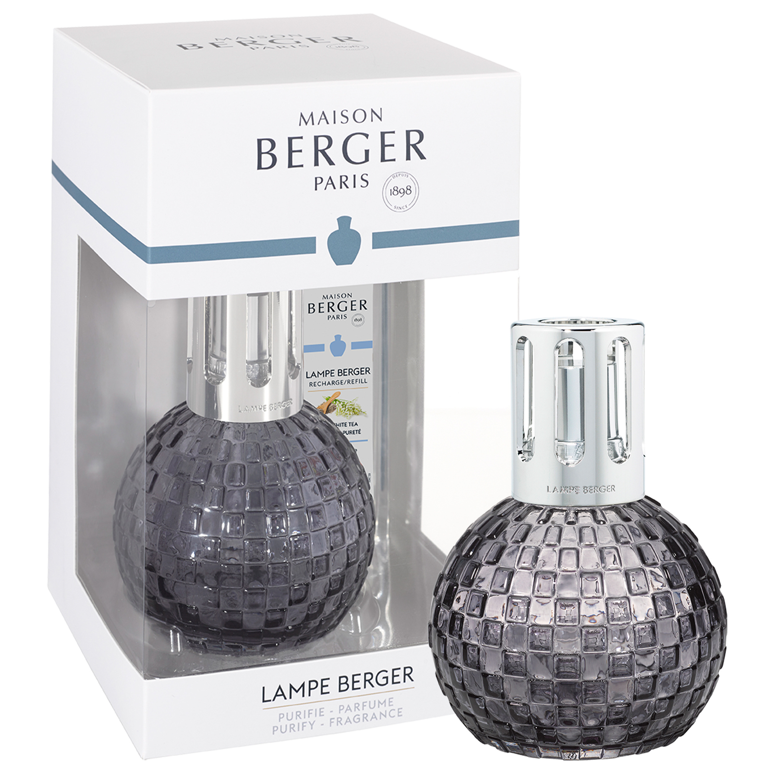 Disco Grise Lampe Berger Graue runde Lampe Berger mit strukturierter Oberfläche und silberner Krone