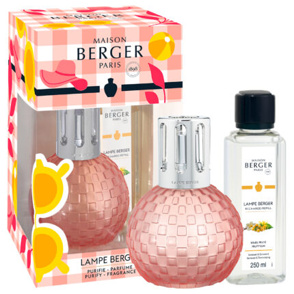 Lampe Berger Set mit rosafarbener Lampe, Verpackung und 250-ml-Nachfüllflasche