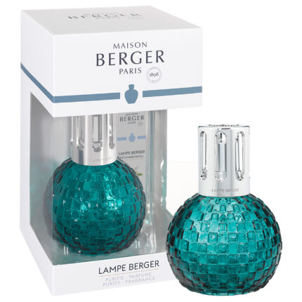 Türkisfarbene Disco-Verte-Lampe Berger mit Verpackung und silberner Krone