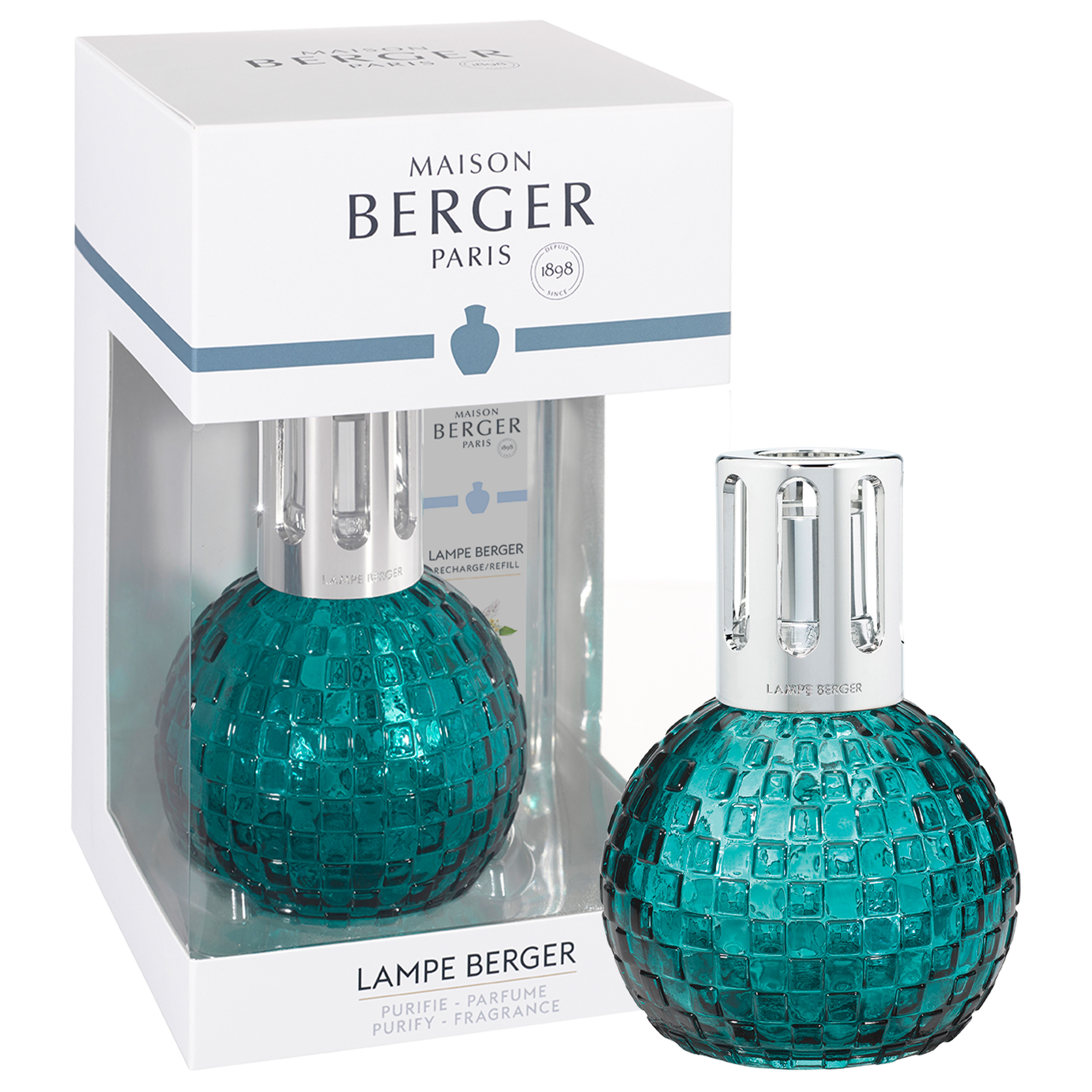 Disco Verte Lampe Berger im Karton Türkisfarbene Disco-Verte-Lampe Berger mit Verpackung und silberner Krone