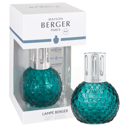 Türkisfarbene Disco-Verte-Lampe Berger neben ihrer Verpackung