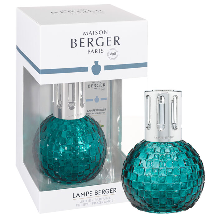 Türkisfarbene Disco-Verte-Lampe Berger neben ihrer Verpackung