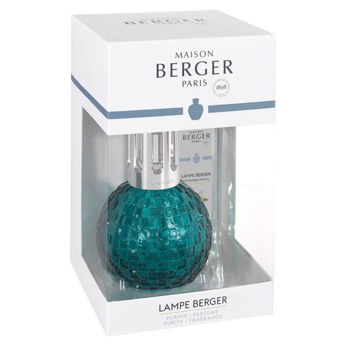 Verpackte türkisfarbene Lampe Berger mit sichtbarer Nachfüllflasche