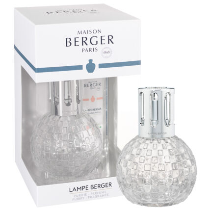 Kugelförmige Maison Berger Paris Lampe Berger neben ihrer Verpackung