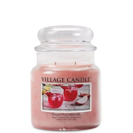 Rosa Village Candle im Glas mit Deckel und Dragon Fruit Lemonade Etikett
