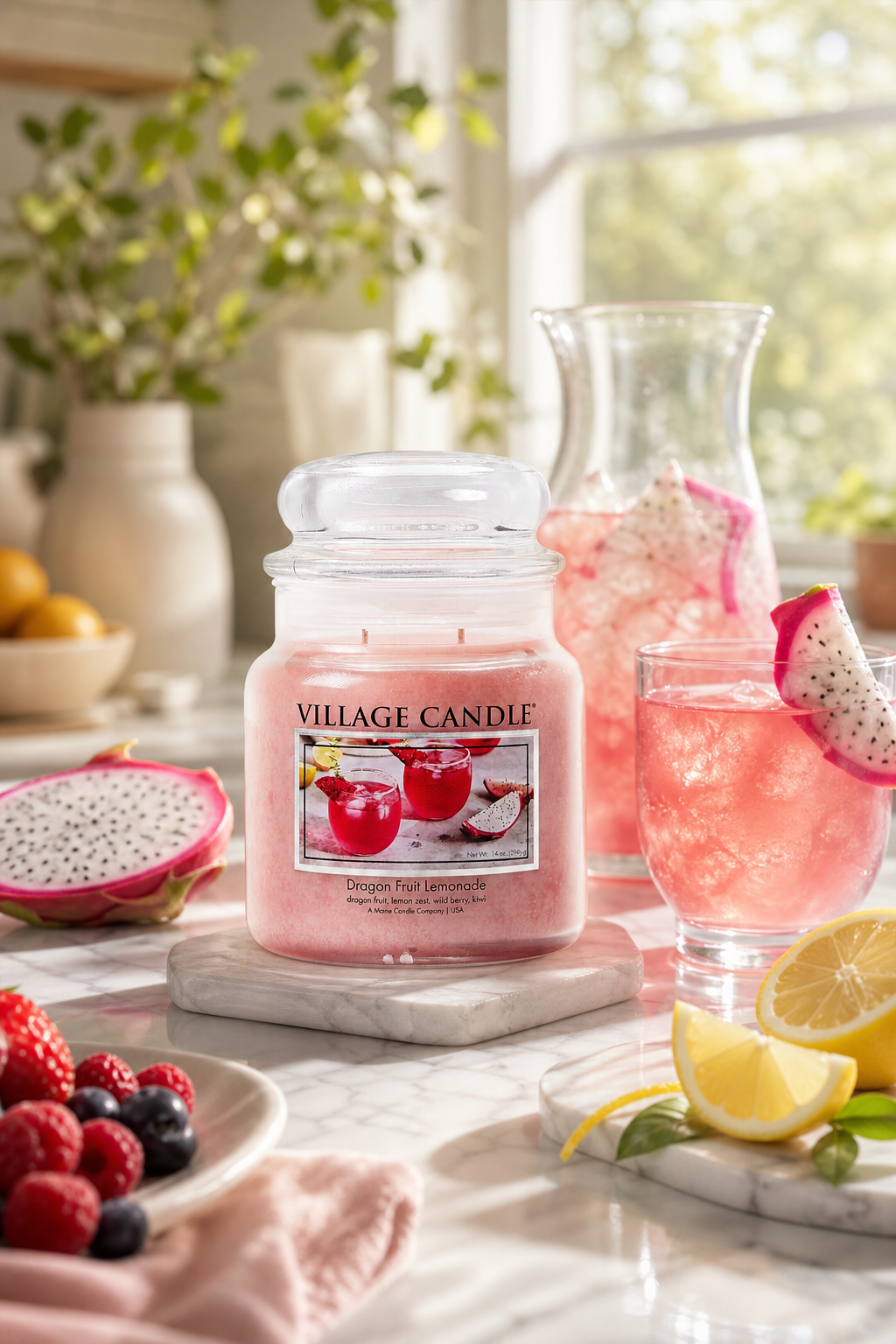 Village Candle Dragon Fruit Lemonade neben rosa Getränk und Drachenfrucht