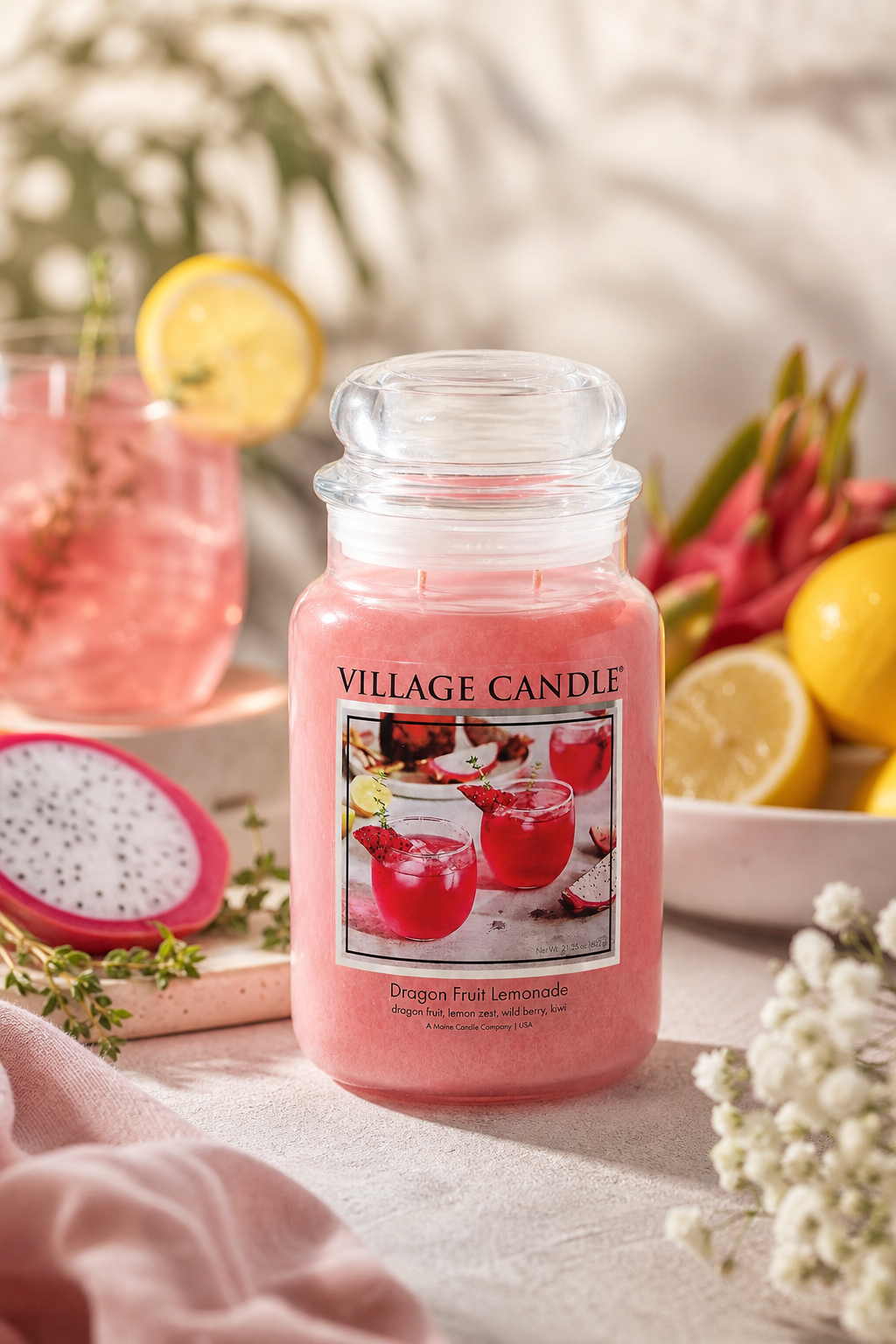 Rosa Village Candle im Glas vor Zitronen und Drachenfrucht