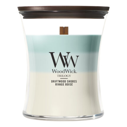 WoodWick Trilogy Driftwood Shores Kerze mit sichtbarem Holzdocht