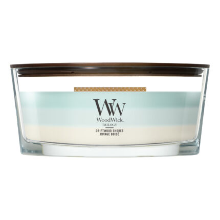 WoodWick Trilogy Driftwood Shores Kerze im Glasgefäß mit Holzdeckel