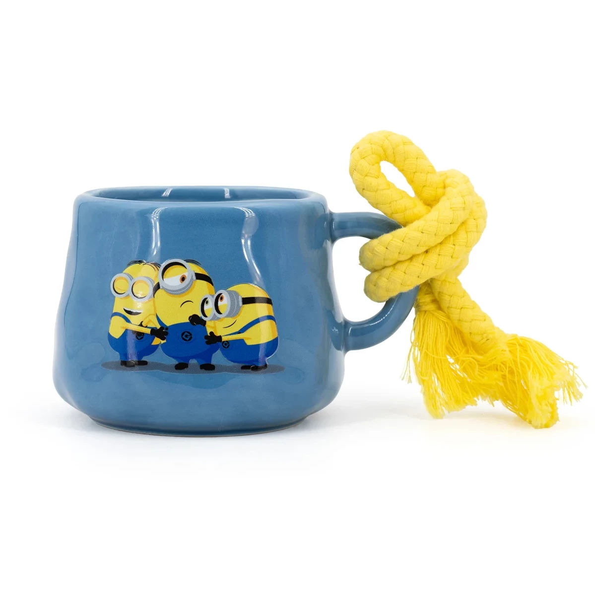 Minions Tassenkerze mit Kordel Blaue Tassenkerze mit Minions-Motiv und gelber Kordel