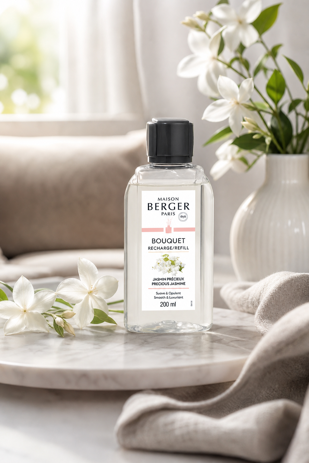Maison Berger Jasmin-Nachfüllflasche auf Tisch neben weißen Blüten und Vase