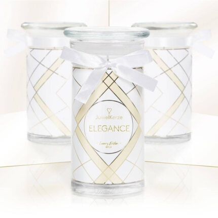 Elegance Luxury Edition Kerze im Glas mit weißer Schleife und geometrischem Muster
