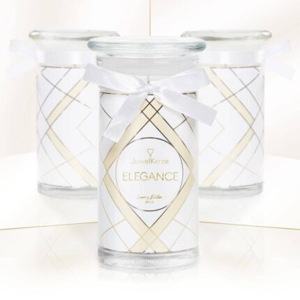 Elegance Luxury Edition Kerze im Glas mit weißer Schleife und geometrischem Muster