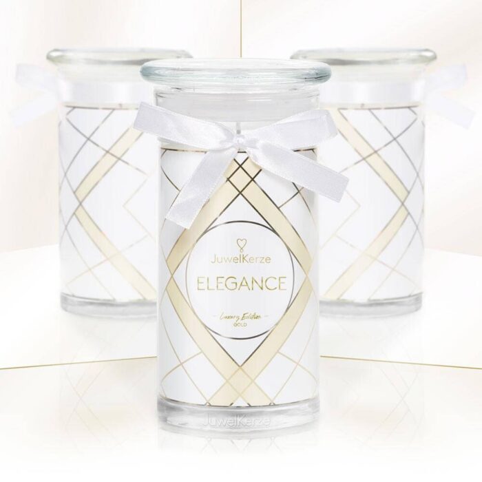 Elegance Luxury Edition Kerze im Glas mit weißer Schleife und geometrischem Muster