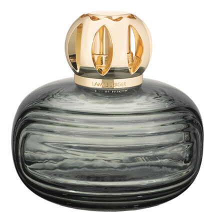 Dunkle runde Lampe Berger mit goldfarbenem Aufsatz von vorne