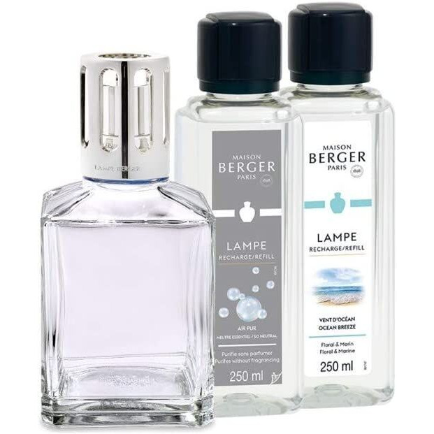 Lampe Berger Set mit Nachfüllflaschen Lampe Berger und zwei beschriftete 250-ml-Nachfüllflaschen