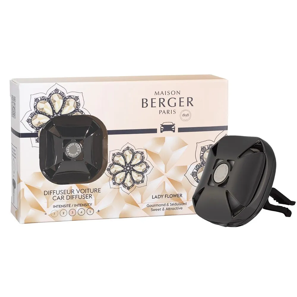 Autoduft-Set mit Verpackung Schwarzer Autoduft-Diffuser neben Verpackung von Maison Berger Paris