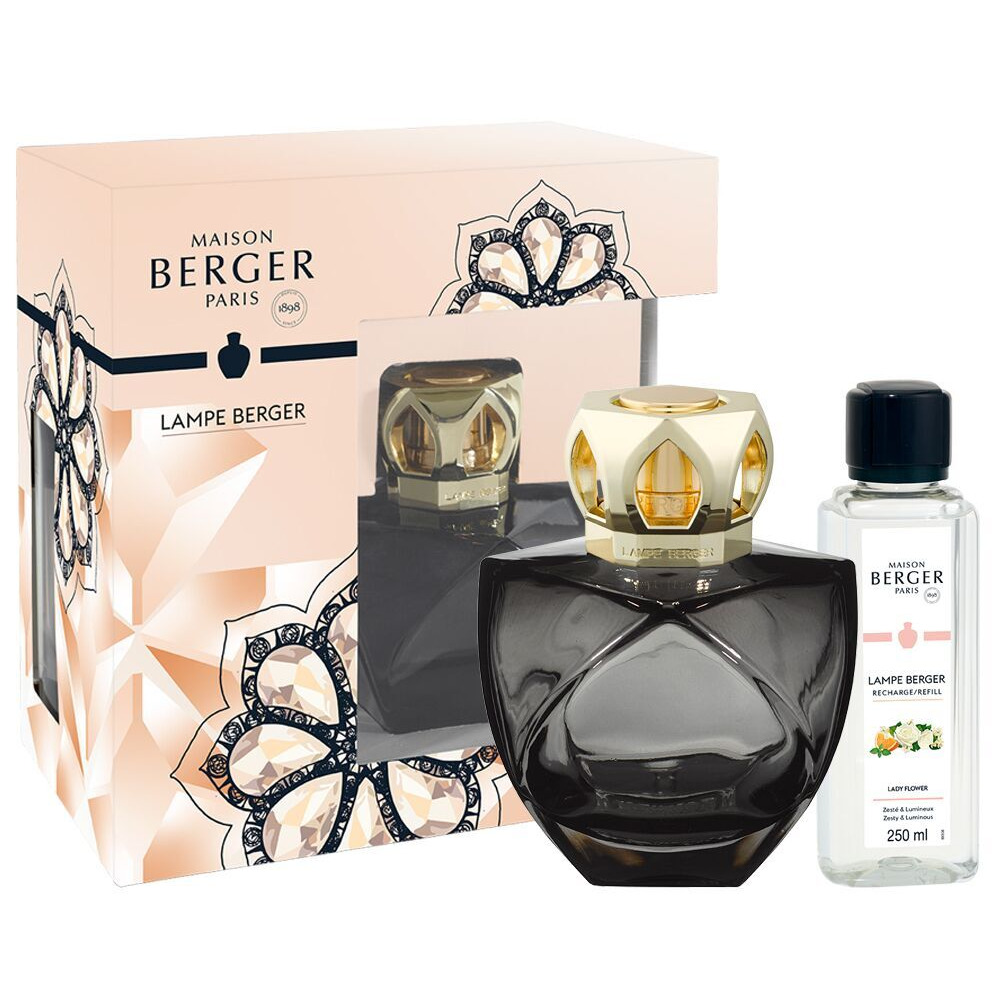 Lampe Berger Set mit Nachfüllflasche Schwarze Lampe Berger, Verpackung und Lady-Flower-Nachfüllflasche im Set