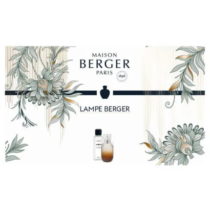 Maison Berger Paris Verpackungsmotiv mit Lampe Berger und Blumenillustrationen