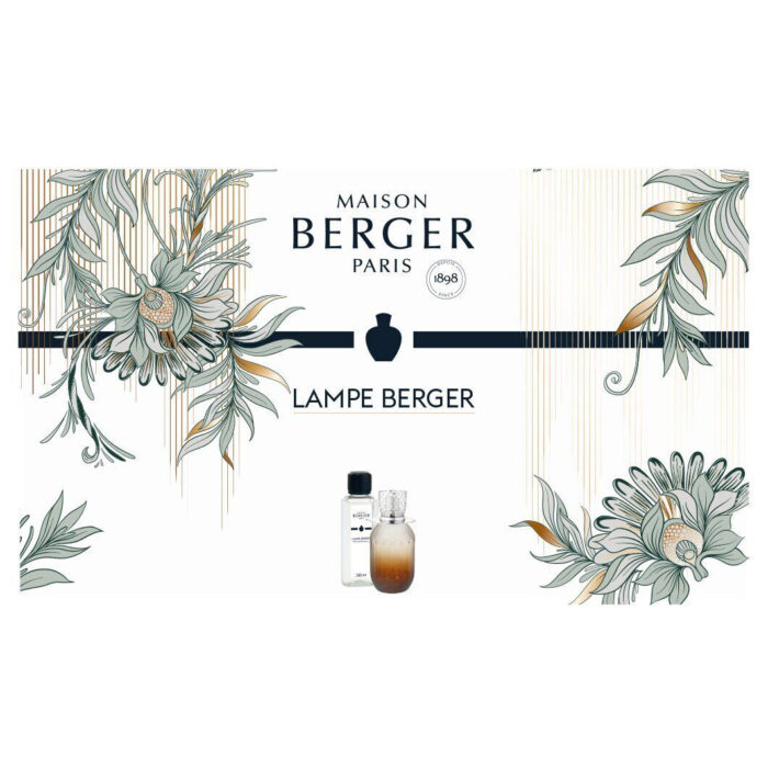 Maison Berger Paris Verpackungsmotiv mit Lampe Berger und Blumenillustrationen