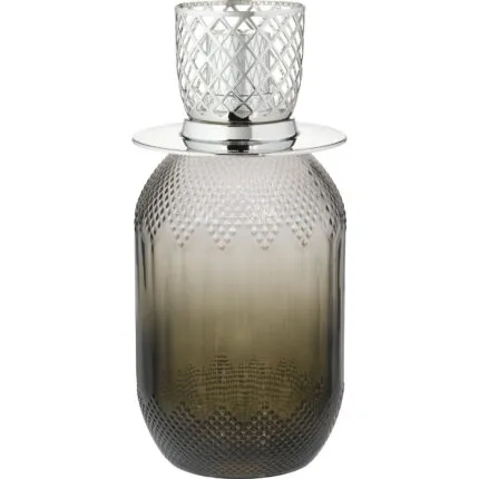 Nahaufnahme der grauen Lampe Berger mit geometrischem Aufsatz und strukturiertem Glas