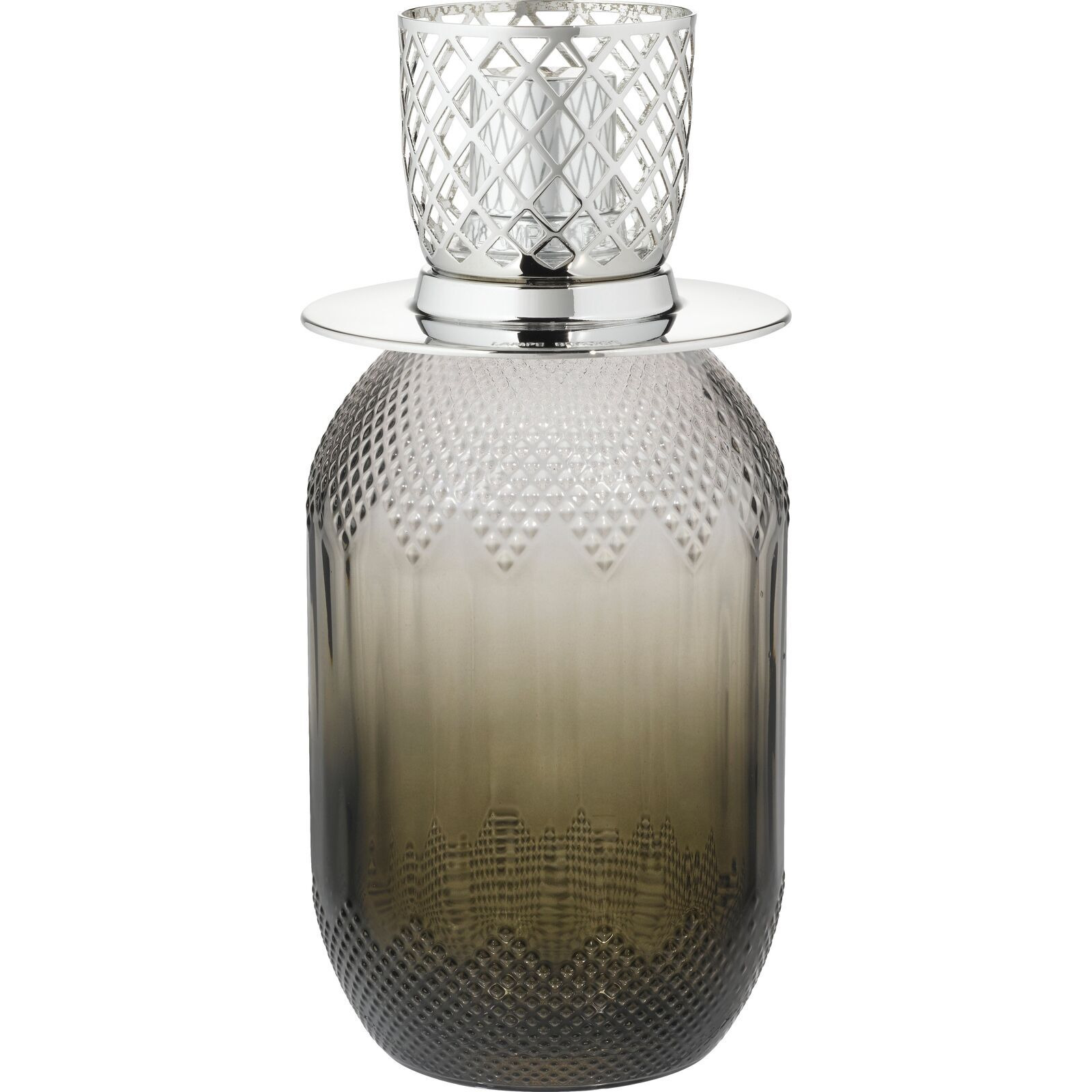 Detailansicht der Evanescence Lampe Nahaufnahme der grauen Lampe Berger mit geometrischem Aufsatz und strukturiertem Glas