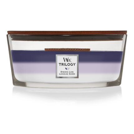WoodWick Trilogy Evening Luxe Kerze frontal mit sichtbaren Farbschichten