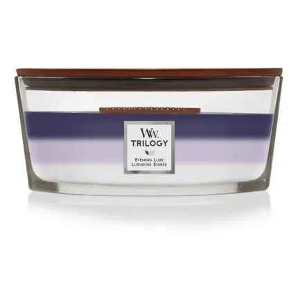 WoodWick Trilogy Evening Luxe Kerze frontal mit sichtbaren Farbschichten