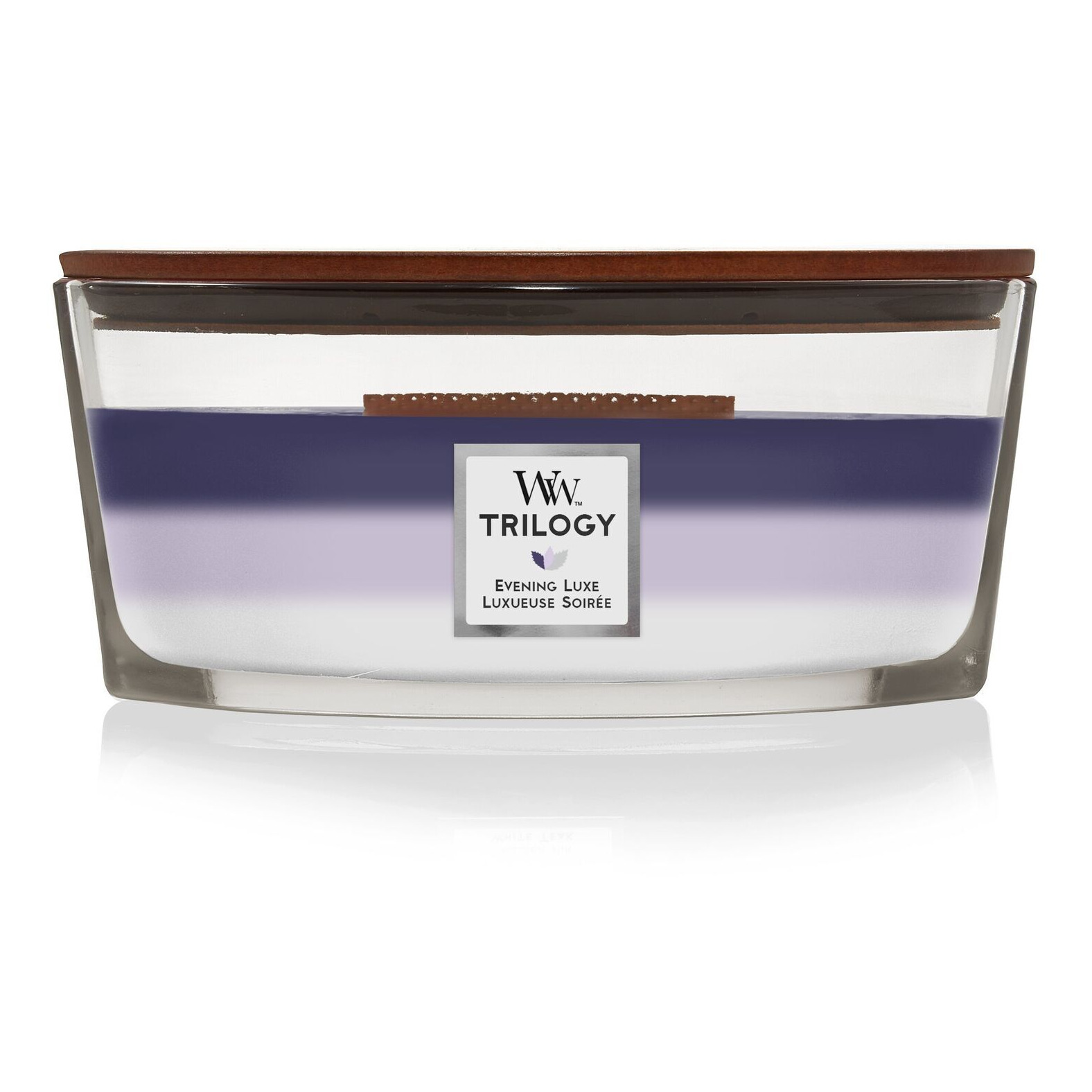 WoodWick Trilogy Kerze frontal WoodWick Trilogy Evening Luxe Kerze frontal mit sichtbaren Farbschichten