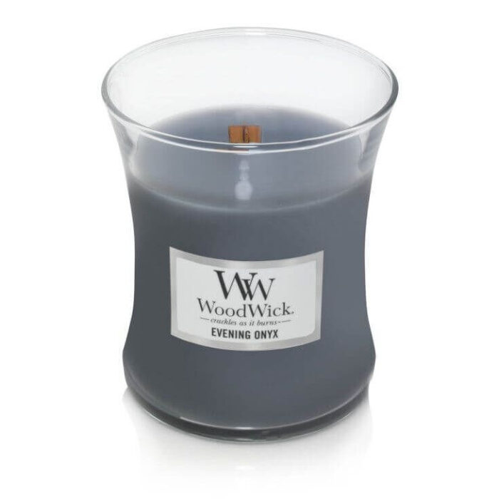 Graue WoodWick Evening Onyx Kerze ohne Deckel mit sichtbarem Holzdocht