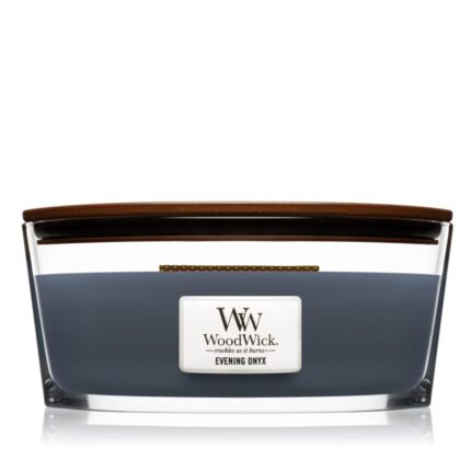 WoodWick Evening Onyx Kerze im Glasgefäß von vorn