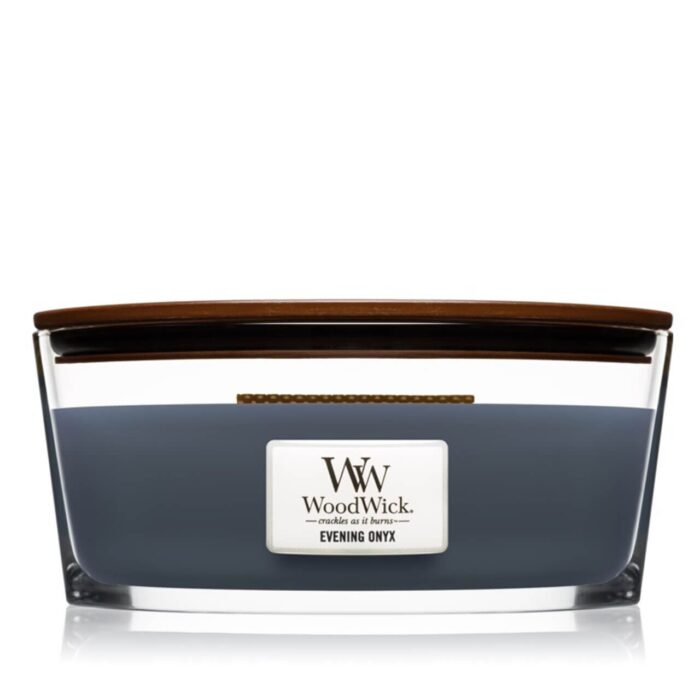 WoodWick Evening Onyx Kerze im Glasgefäß von vorn