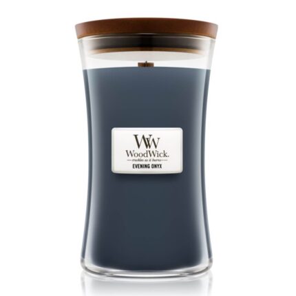 Evening Onyx Kerze im Glas mit sichtbarem Docht und Holzdeckel