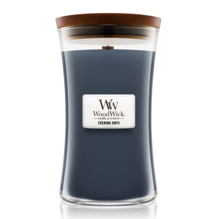 Evening Onyx Kerze im Glas mit sichtbarem Docht und Holzdeckel