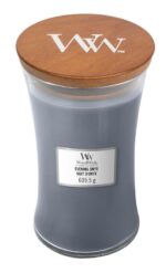 WoodWick Evening Onyx Kerze im Glas mit Holzdeckel und Produktetikett