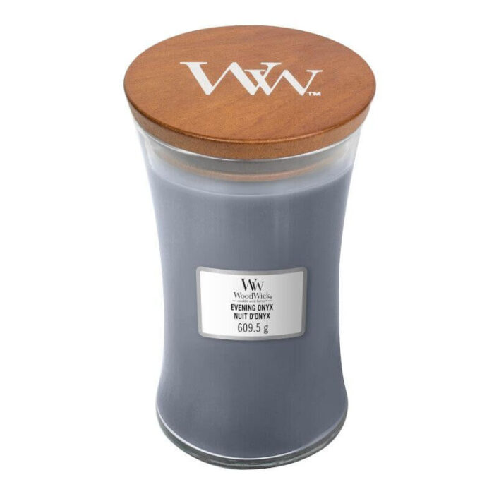 WoodWick Evening Onyx Kerze mit Holzdeckel und Etikett 609,5 g