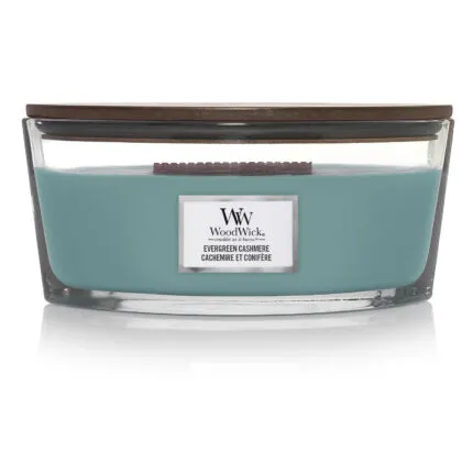 WoodWick Evergreen Cashmere Kerze mit sichtbarem Docht und Holzdeckel