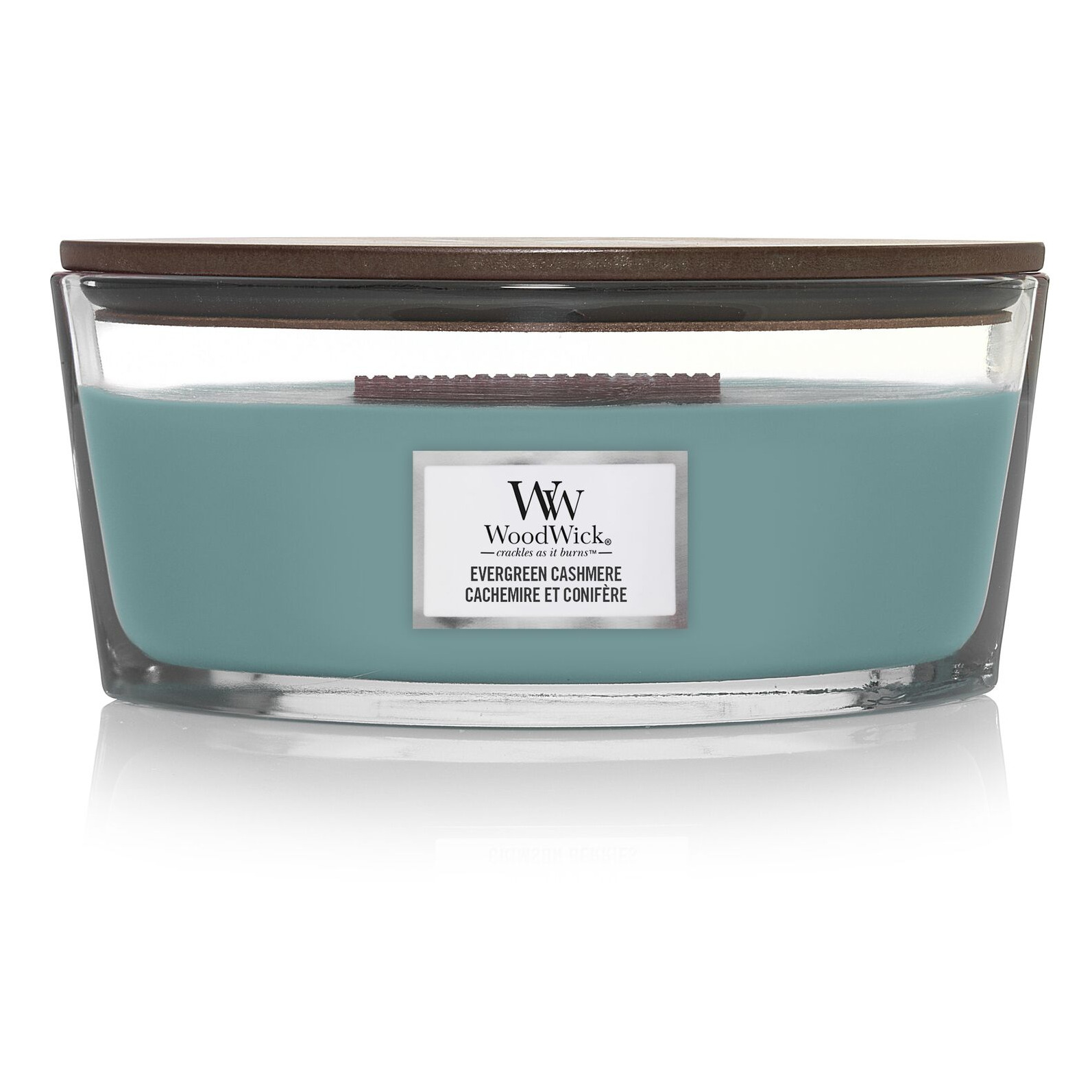 Evergreen Cashmere Kerze von WoodWick WoodWick Evergreen Cashmere Kerze mit sichtbarem Docht und Holzdeckel