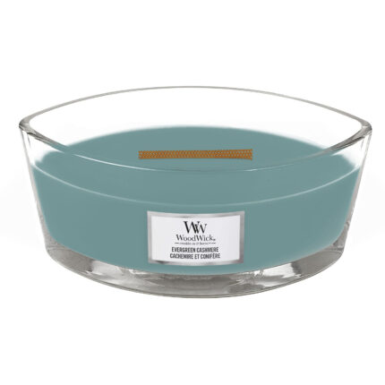Evergreen Cashmere Kerze mit sichtbarem Holzdocht im Glas
