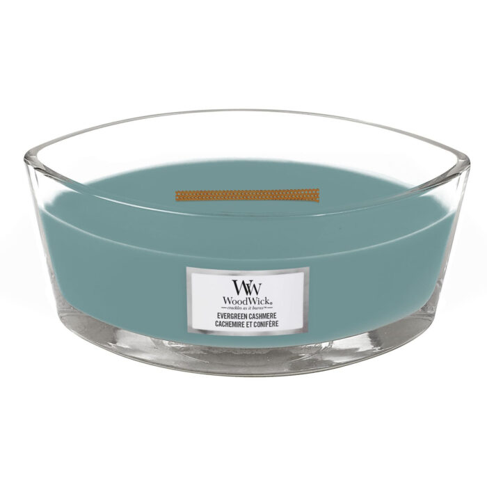 Evergreen Cashmere Kerze mit sichtbarem Holzdocht im Glas