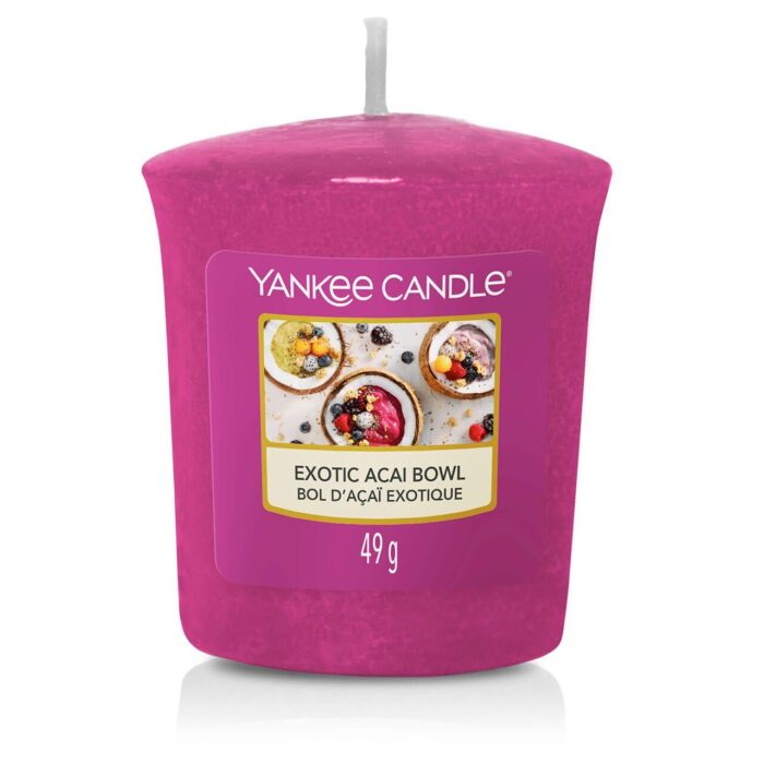 Pinke Exotic Acai Bowl Kerze von Yankee Candle mit Etikett und Docht