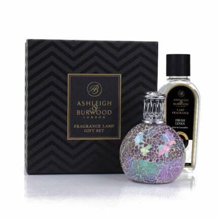 Duftlampe mit Mosaikmuster, Geschenkverpackung und Fresh-Linen-Flasche