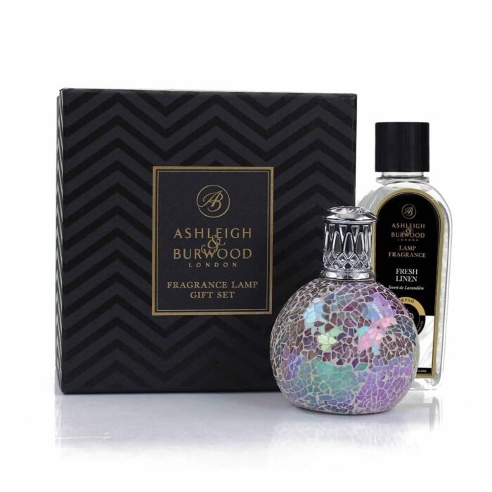 Duftlampe mit Mosaikmuster, Geschenkverpackung und Fresh-Linen-Flasche