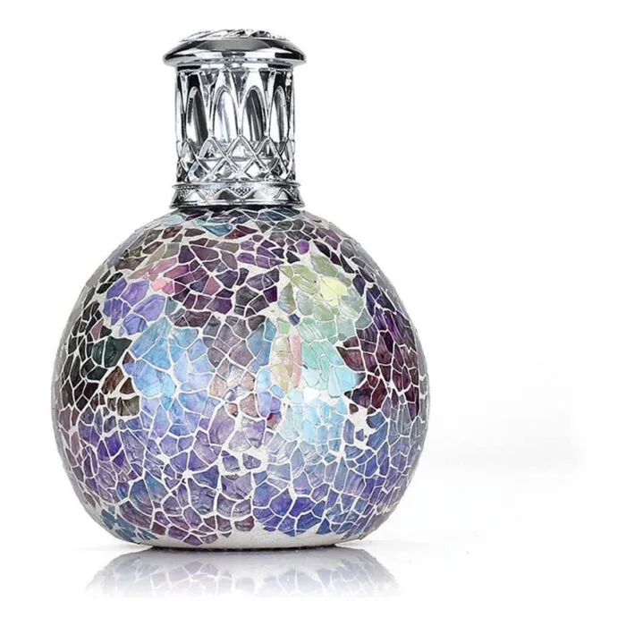 Runde Duftlampe mit mehrfarbigem Mosaikmuster und dekorativer Metallkrone