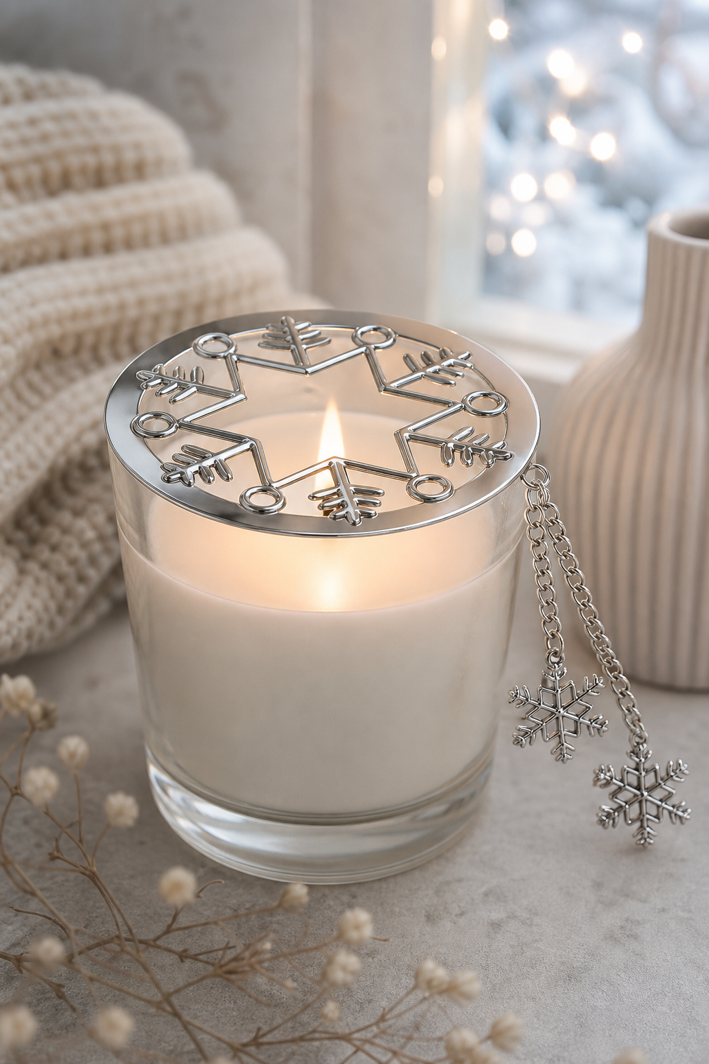 Falling Snow Candle-Lid in einer stimmungsvollen Anwendungsszene