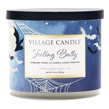 Blauer Village Candle Feeling Batty Tumbler mit schwarzem Deckel und Fledermausmotiv